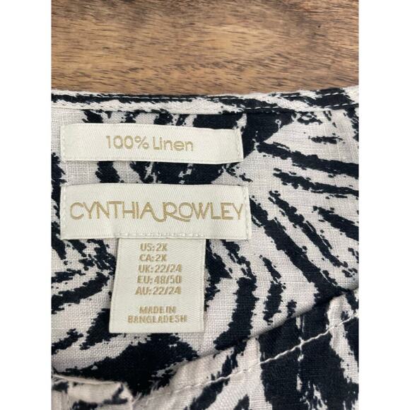 Cynthia Rowley Black White 100% Linen Palm Leaf Print Button Down Tunic Top 2X - Picture 3 of 7